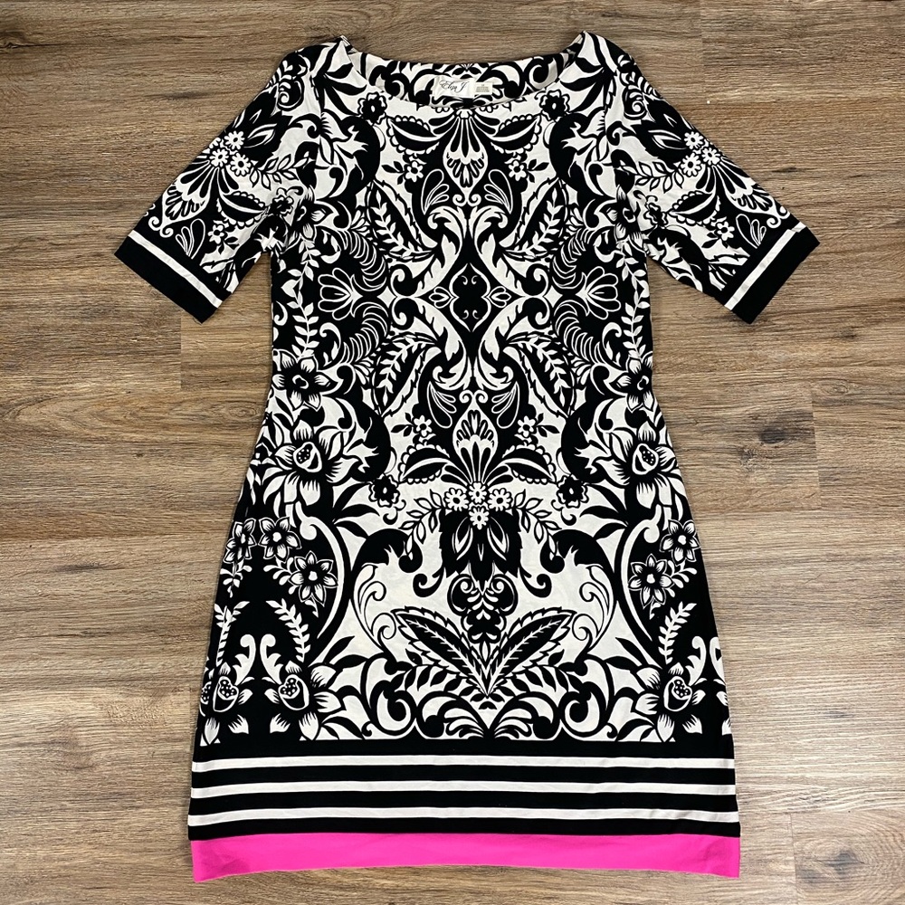 Eliza J Black and White Damask Print Floral Dress with Pink Border Hem Size 10